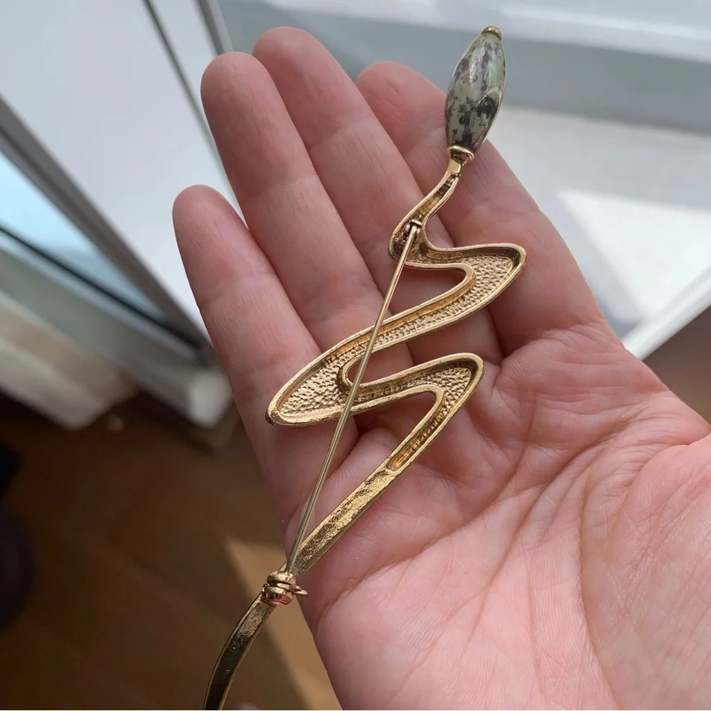 Vintage Abstract Gold Tone Brooch w/ Green Stone Accent Statement Pin Art Deco
